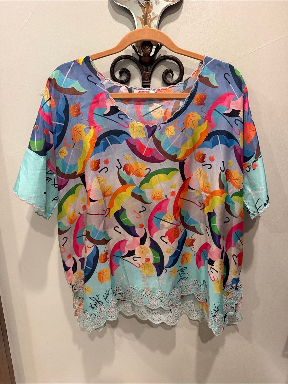 Johnny Was Silk Multicolor Umbrella Print Tunic with Lace Trim